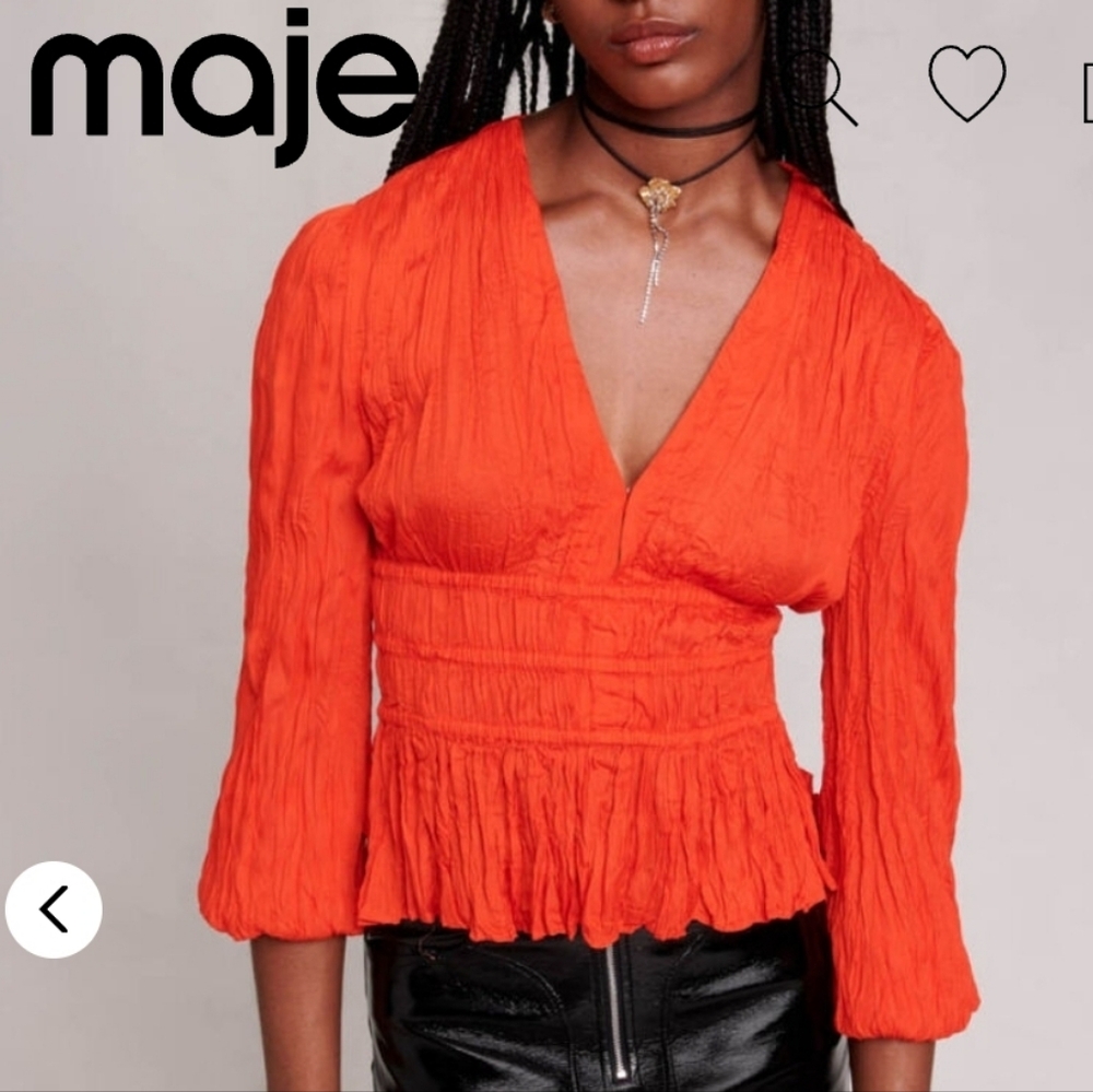 NWT Maje crinkled textured satin top blouse 70s retro disco red boho peplum